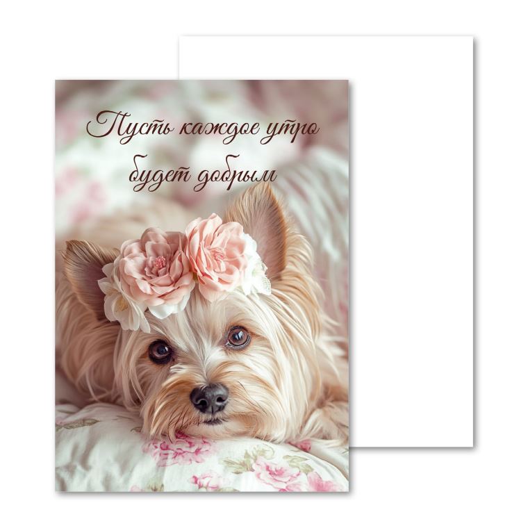 Открытки мини, карточки Собачка с розами