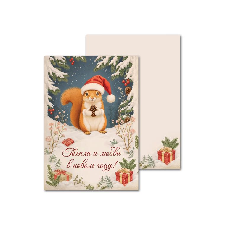 Открытки офсетные Новогодняя белочка