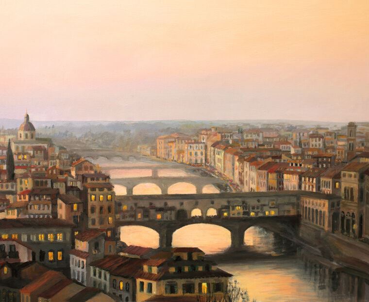 Купить и печать на заказ Репродукции картин Закат на реке Арно во Флоренции