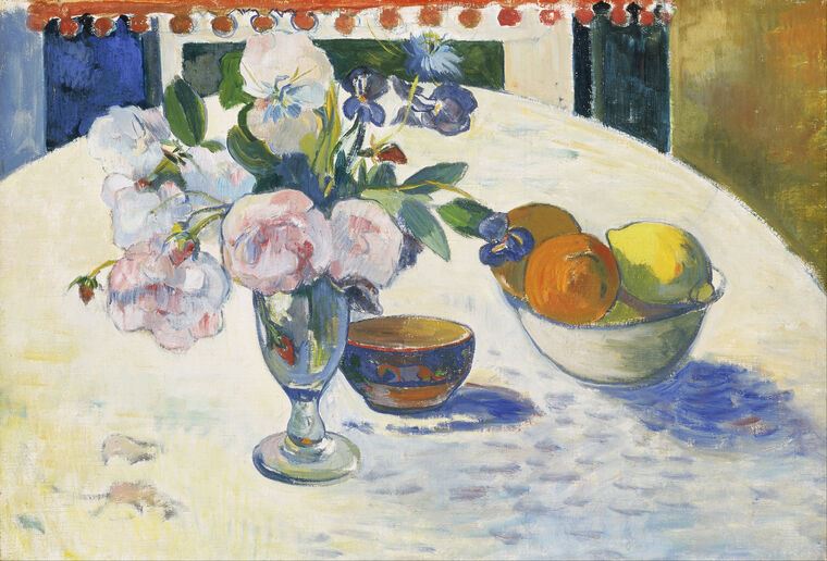 Купить и печать на заказ Картины Поль Гоген Flowers and a Bowl of Fruit on a Table