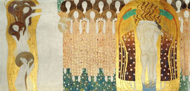 Репродукции картин Gustav Klimt the Beethoven Frieze; The Arts, Choir of Angels, Embracing Couple