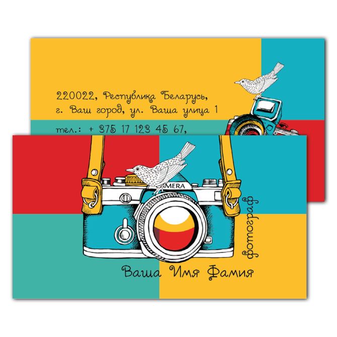 Laminated business cards Camera on colorful background