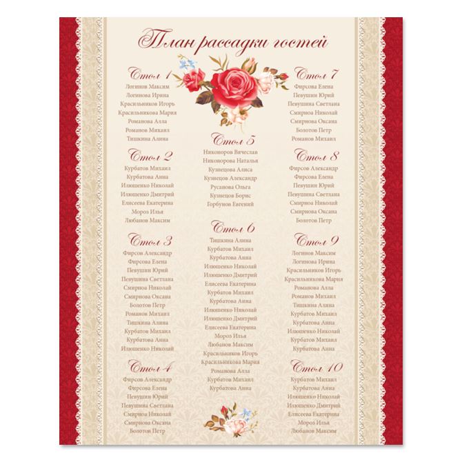 The Seating chart Red and beige with roses