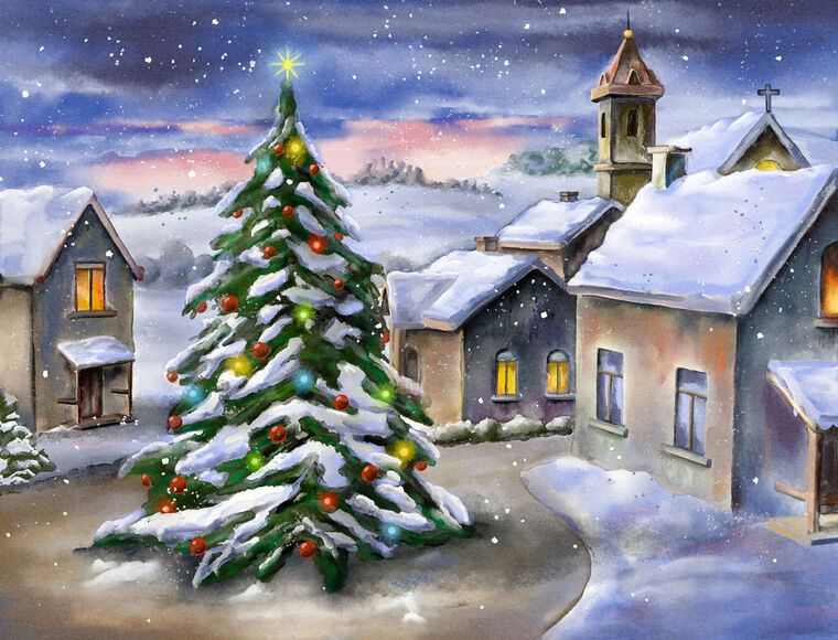 Купить и печать на заказ Репродукции картин Пейзаж с новогодней елкой