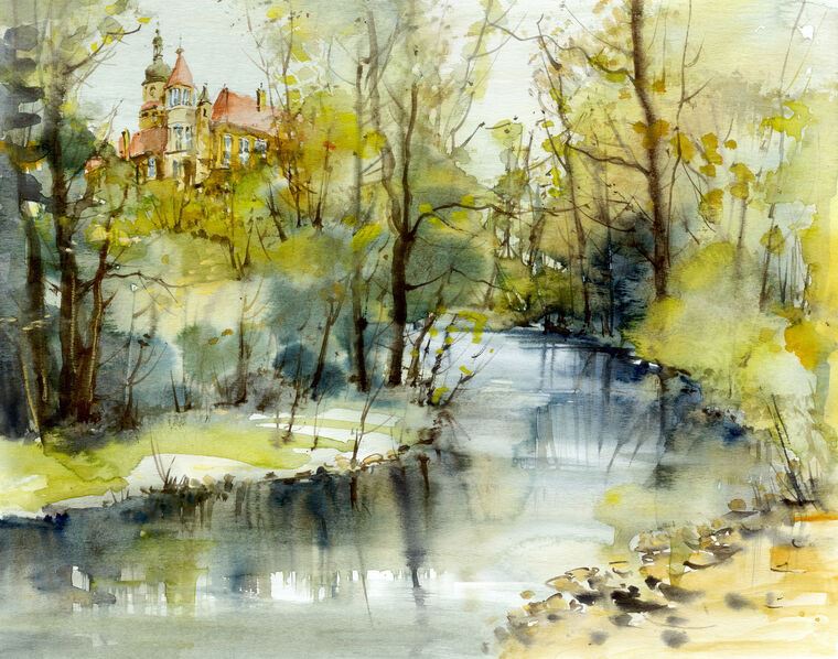 Картины Castle above a river, watercolour