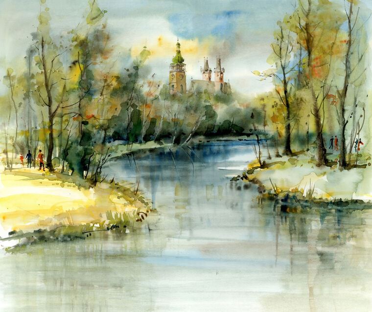 Paintings Castle above a river, watercolour