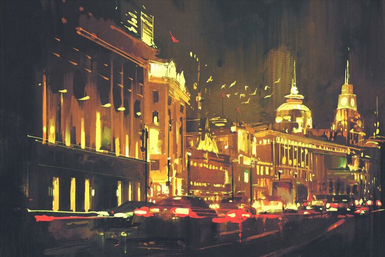 Купить и печать на заказ Картины Шанхай ночью цифровая живопись