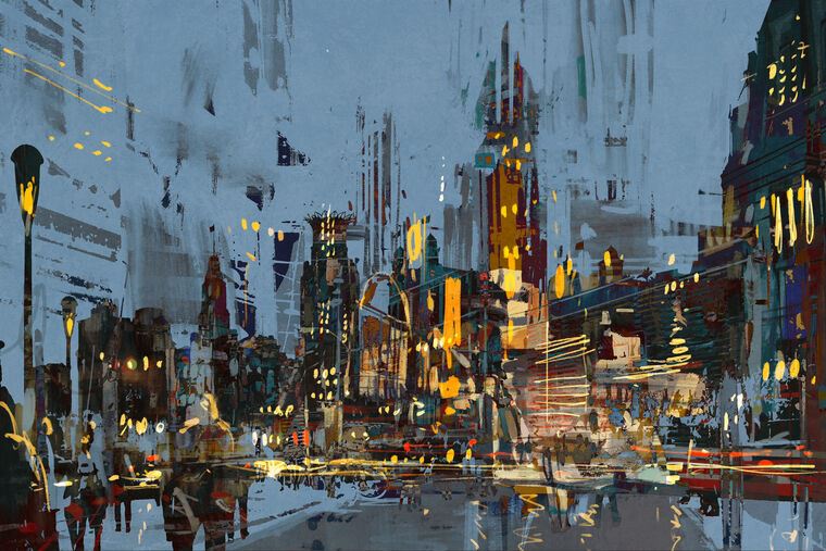 Купить и печать на заказ Картины Город ночью цифровая живопись