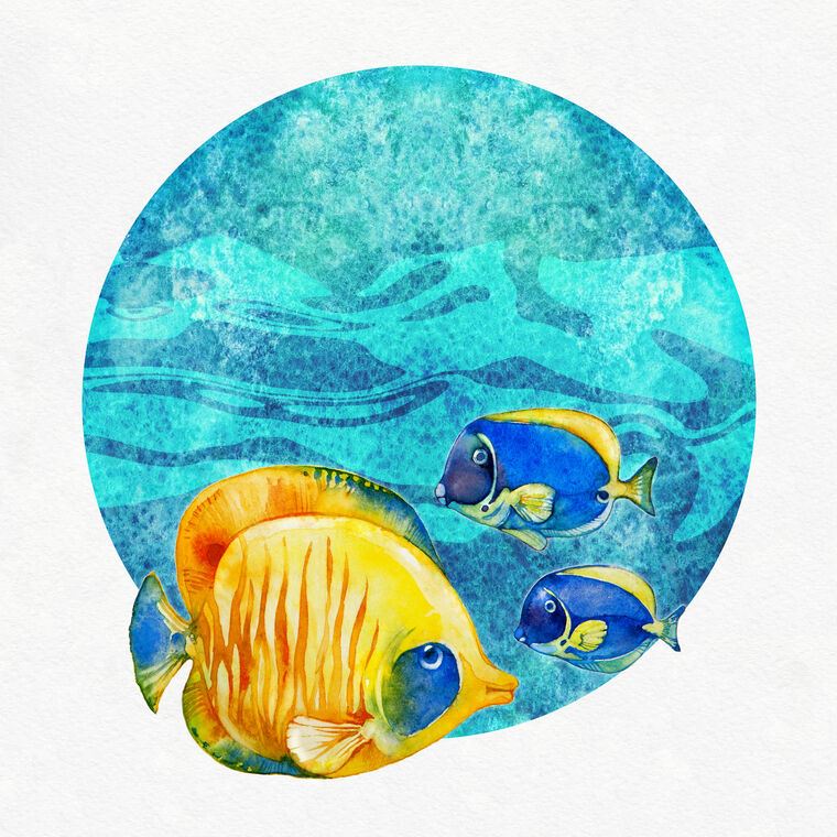 Купить и печать на заказ Репродукции картин Разноцветные рыбки акварель