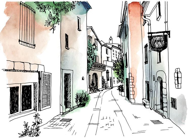 Photo Wallpapers Street of the old town in the style of the sketch
