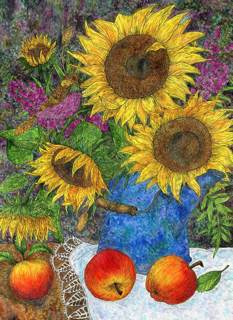Photo Wallpapers Bouquet of sunflowers with apples