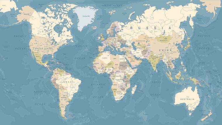 Фотообои Карта мира со странами и городами