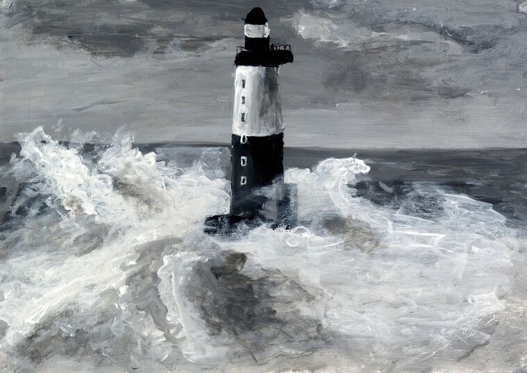 Photo Wallpapers Black and white drawing of a lighthouse and the sea
