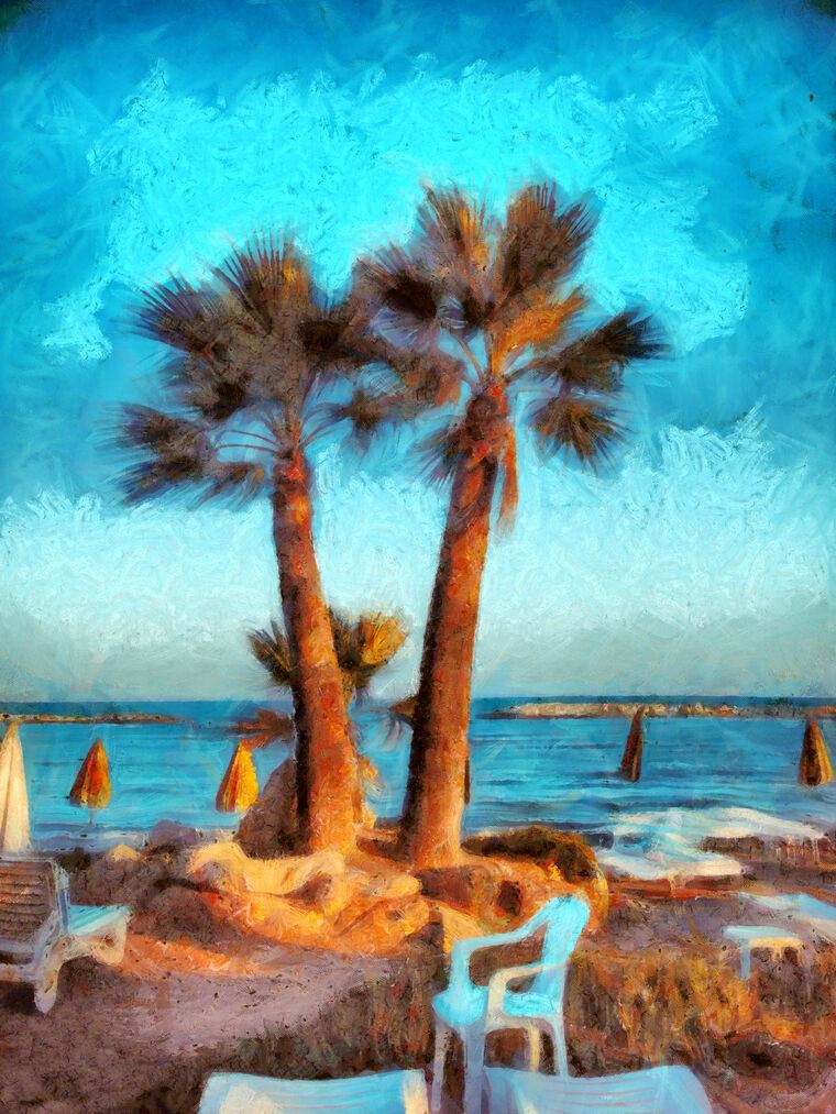Фотообои Watercolor palm trees on the beach of the island