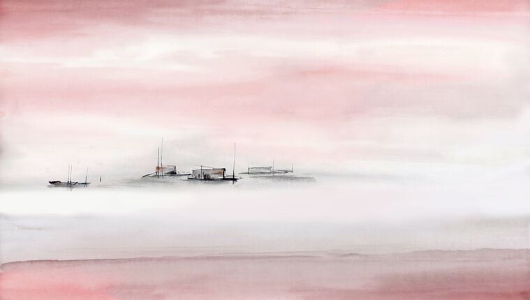 Фотообои Нежный розовый рассвет на море с лодками