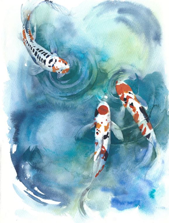 Репродукции картин Fish in the pond watercolor