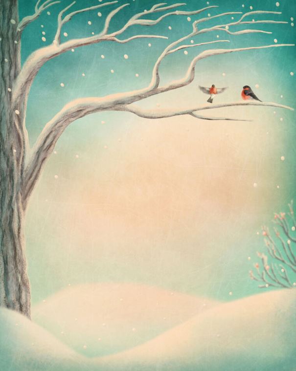 Купить и печать на заказ Картины Зимний пейзаж с птичками