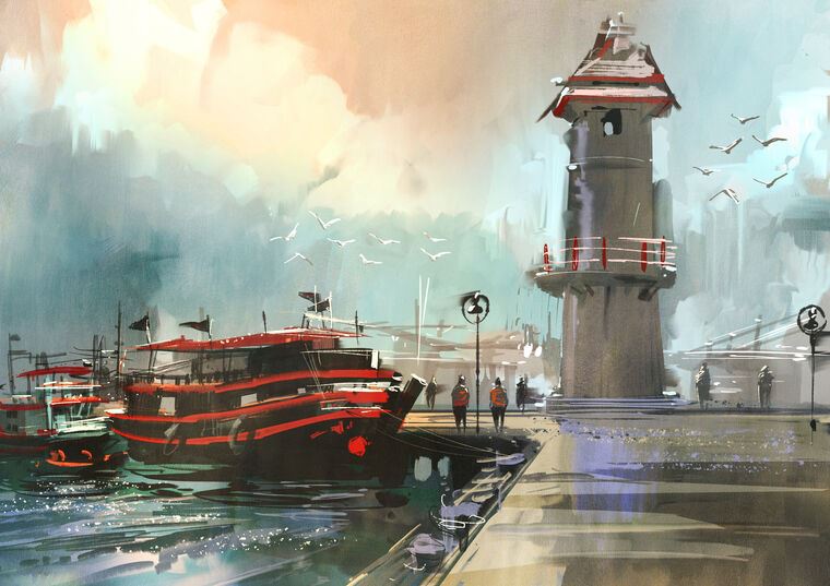 Купить и печать на заказ Репродукции картин Рыбацкая лодка в гавани цифровая живопись