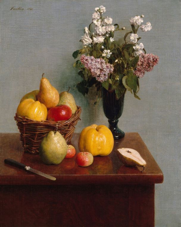 Купить и печать на заказ Картины Натюрморт с цветами и фруктами (Анри Фантен-Латур)