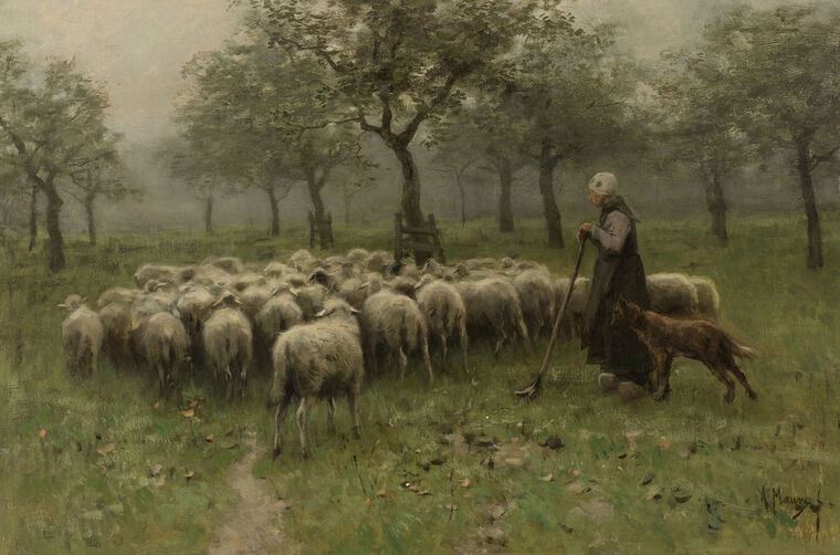 Купить и печать на заказ Репродукции картин Пастушка с стадом овец