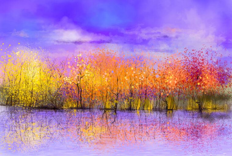 Купить и печать на заказ Картины Осенний лес фиолетовый фон