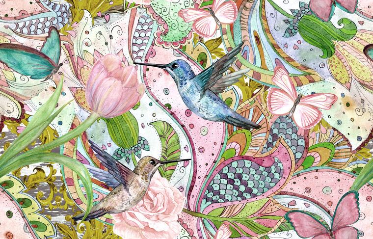 Купить и печать на заказ Репродукции картин Розовая композиция с колибри