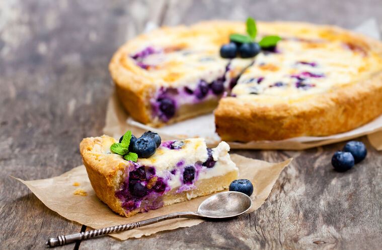 Paintings Cheesecake with blueberries and mint