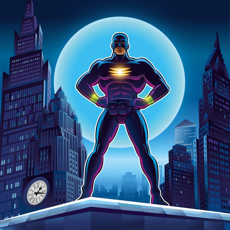 Купить и печать на заказ Репродукции картин Супергерой на фоне города