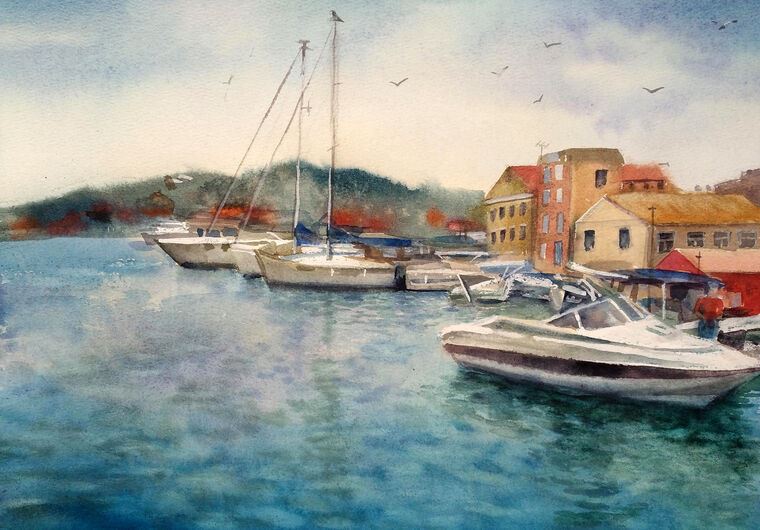 Картины Boats on the sea watercolour