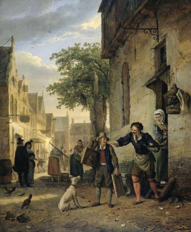Reproduction paintings Ian Wall, urging the son on the street to draw instead of drinking beer and wine (Ignatius Joseph van Regemorter)