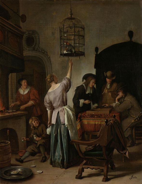 Репродукции картин Interior with a woman feeding a parrot (Jan Steen)