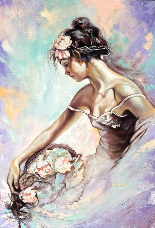 Paintings Girl with flowers in pastel tones