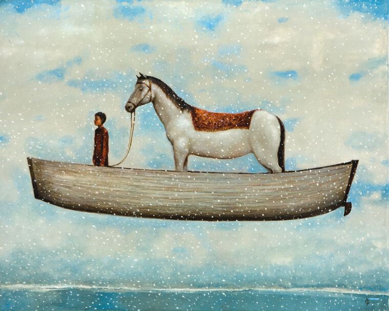Paintings Boy and horse in the boat