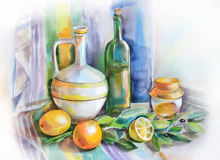 Купить и печать на заказ Репродукции картин Акварельный натюрморт с лимонами