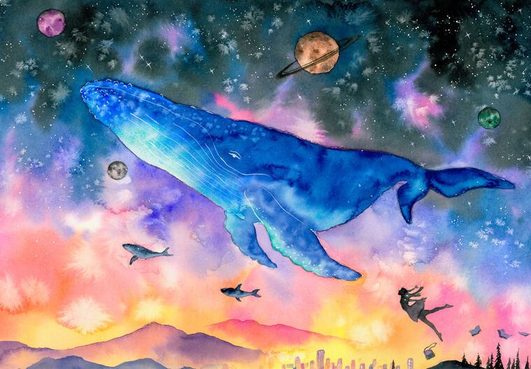 Купить и печать на заказ Репродукции картин Большой кит в фантастическом пространстве в небе 4