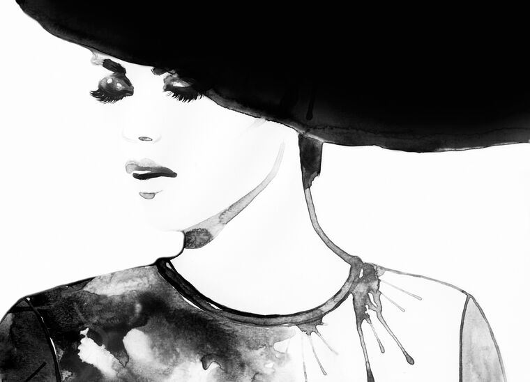 Купить и печать на заказ Репродукции картин Черно-белая акварель девушка в шляпе