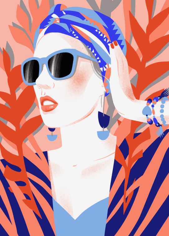 Картины на фотобумаге Stylish girl on a tropical background