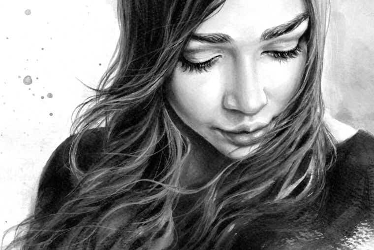 Картины Black and white watercolor painting girl