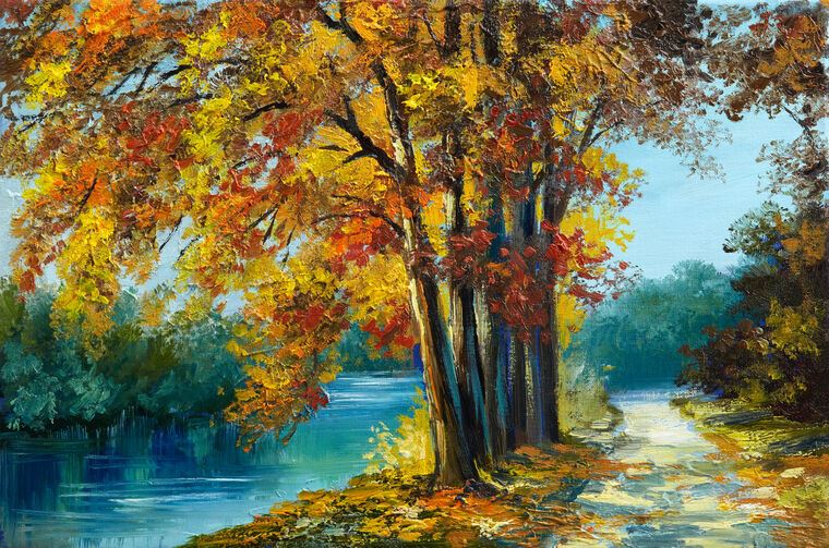 Купить и печать на заказ Картины Деревья над рекой осенью