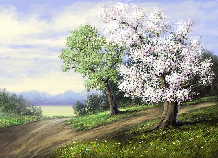 Paintings Flowering tree in the trail digital painting