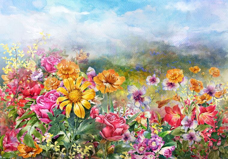 Купить и печать на заказ Репродукции картин Разноцветные акварельные цветы 