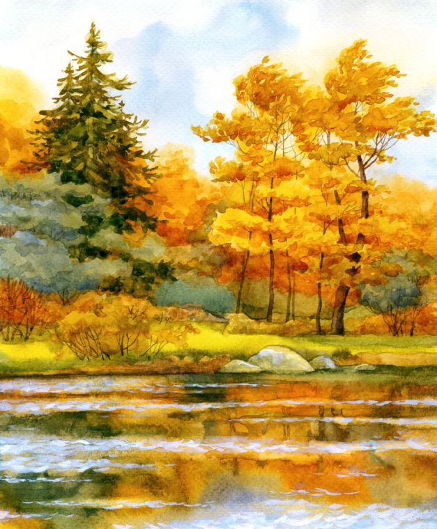 Купить и печать на заказ Репродукции картин Деревья у реки осенью