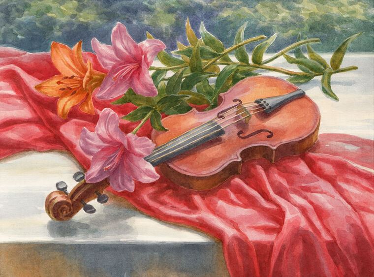 Купить и печать на заказ Репродукции картин Натюрморт скрипка и лилии