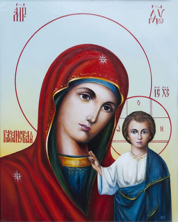 Купить и печать на заказ Репродукции картин Казанская икона Божией Матери на светлом фоне