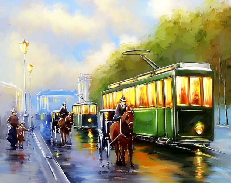 Картины Digital painting the street with the tram