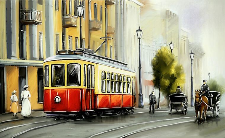 Купить и печать на заказ Репродукции картин Цифровая живопись красный трамвай