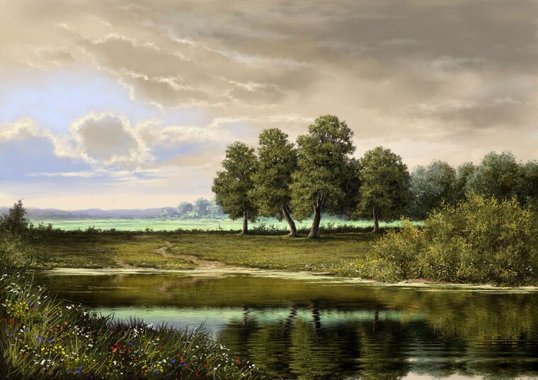 Картины Digital painting landscape with river