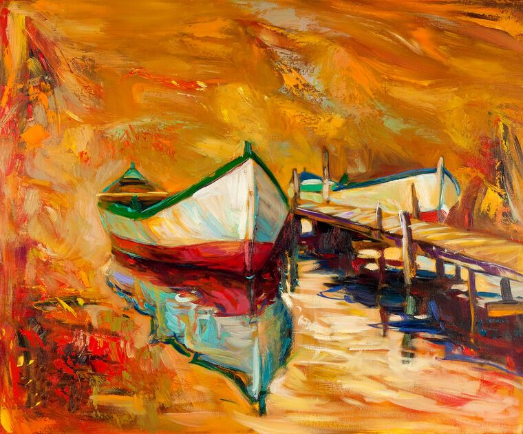 Купить и печать на заказ Картины Лодки на оранжевом фоне