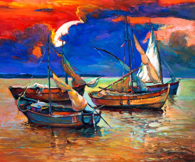 Купить и печать на заказ Репродукции картин Лодки у берега на закате