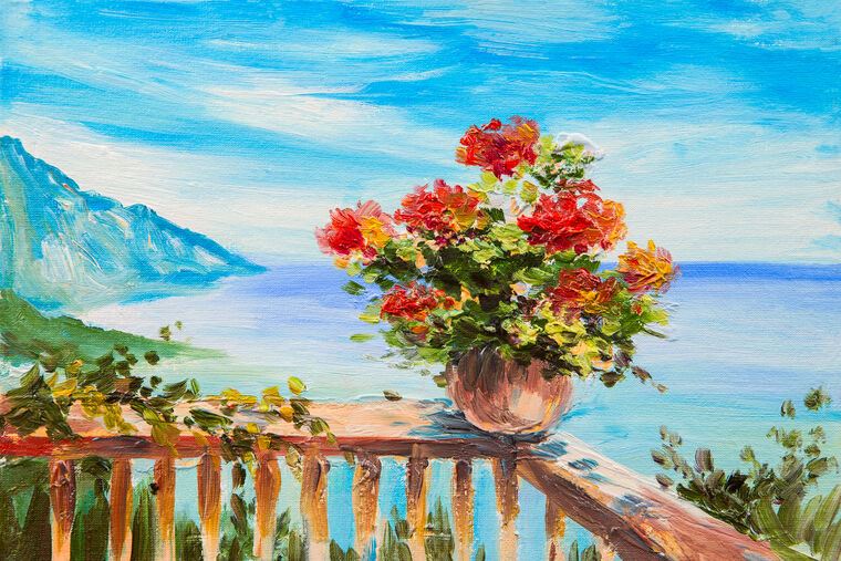 Купить и печать на заказ Картины Цветы на фоне Средиземного моря
